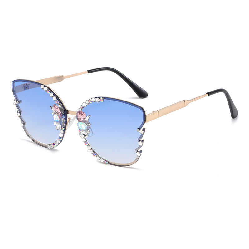 Women's fashion glasses 跨境专供欧美大框街拍新款镶钻太阳眼镜时尚金属女士潮流墨镜批发