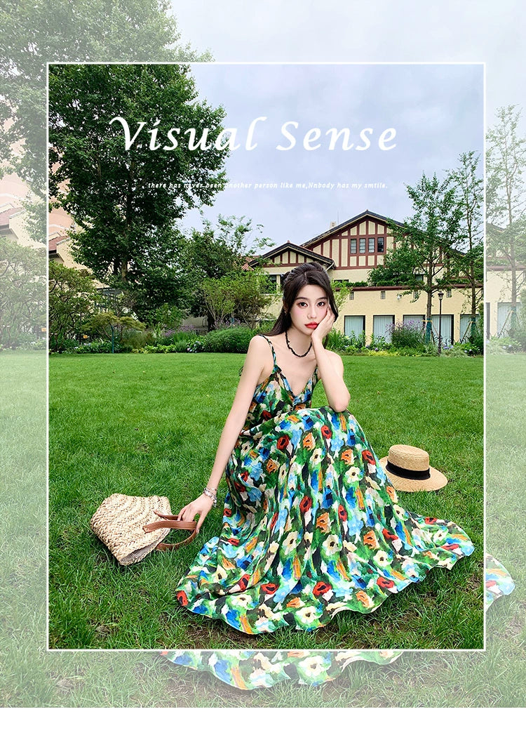 Fashion women's wear Bohemian Style Retro V-neck Oil Painting Printing Pleated Suspender Dress Seaside Vacation Elegant Beach Dress