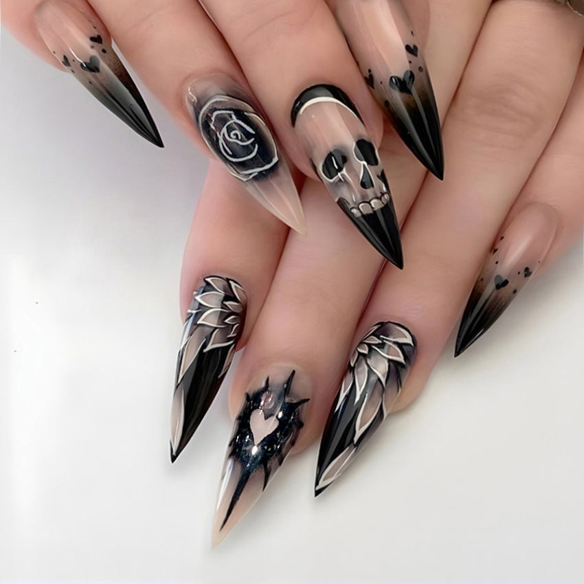 Fashion  nail Halloween Skull Night Rose Fake Nail Patch Dark Punk Fashion Manicure Wear Nail Tip Finished Product B68