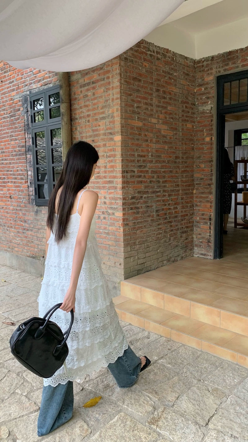 Fashion women's wear Fashionable Embroidery Hollow out Sweet Spaghetti-Strap Dress Women's Clothing Spring 2024 New Mid-Length Waist Split Skirt