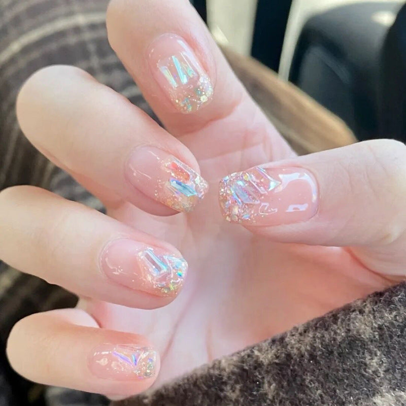 Fashion  nail Wen Genie's Same Aurora Diamond Short Wear Nail Detachable Finished Product Fake Nail Patch Internet Celebrity Y37