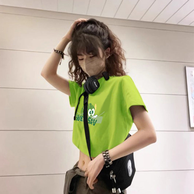 Dopamine tops Free shipping Tattoo Small Dopamine Wear Fluorescent Green Navel Short Sleeve Women's Summer French Sweet and Spicy Jazz Tights