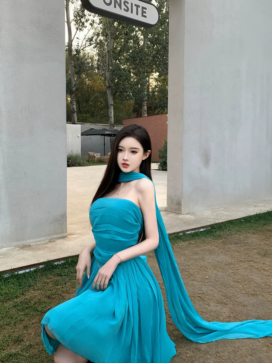 Fashion women's wear off-Shoulder Tube Top Hot Girl Waist Slimming Seaside Holiday Dress Summer Super Fairy Goddess Sanya Style Beach Dress