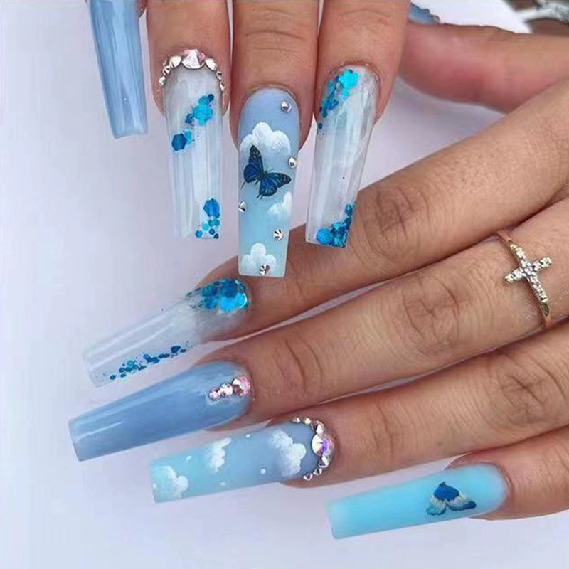 (Hand made nail) European and American Spicy Girl Super Long Instagram Dark Small Stand Retro Trapezoidal Shining Diamond Beauty False Nail Patch Detachable Wearable Nail