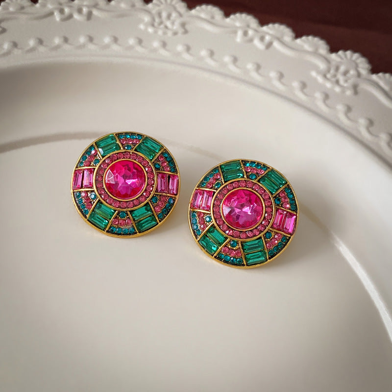中古vintage耳环 925银针滴油花朵几何耳钉法式复古时尚气质耳饰