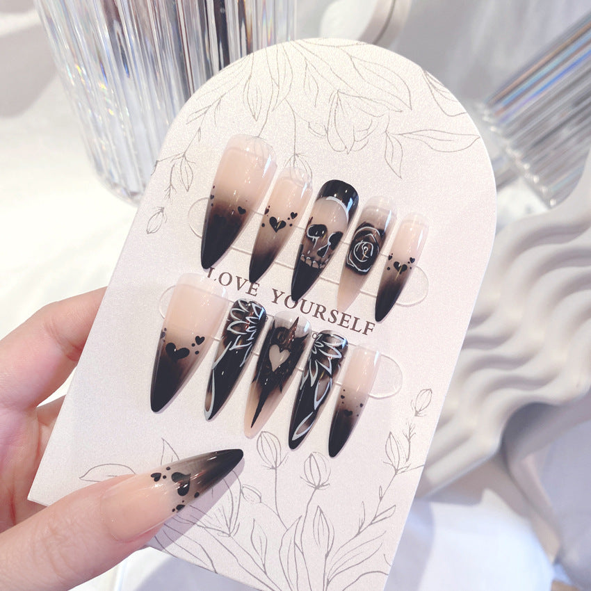 Fashion  nail Halloween Skull Night Rose Fake Nail Patch Dark Punk Fashion Manicure Wear Nail Tip Finished Product B68