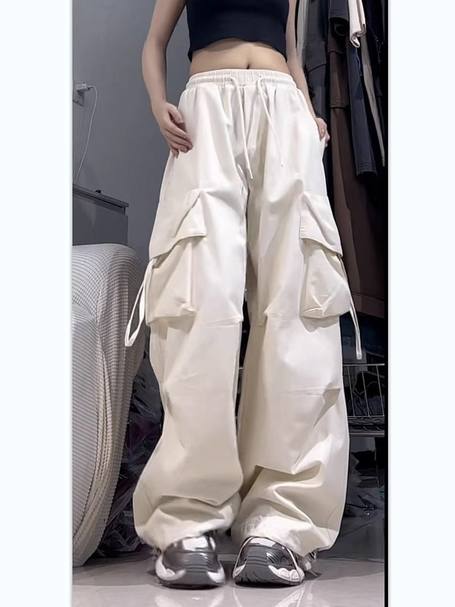 Fashion women's wear American Retro Quick-Drying Overalls Women's Three-Dimensional Pocket High Waist Straight Wide Leg Ribbon Loose Casual Mopping Trousers