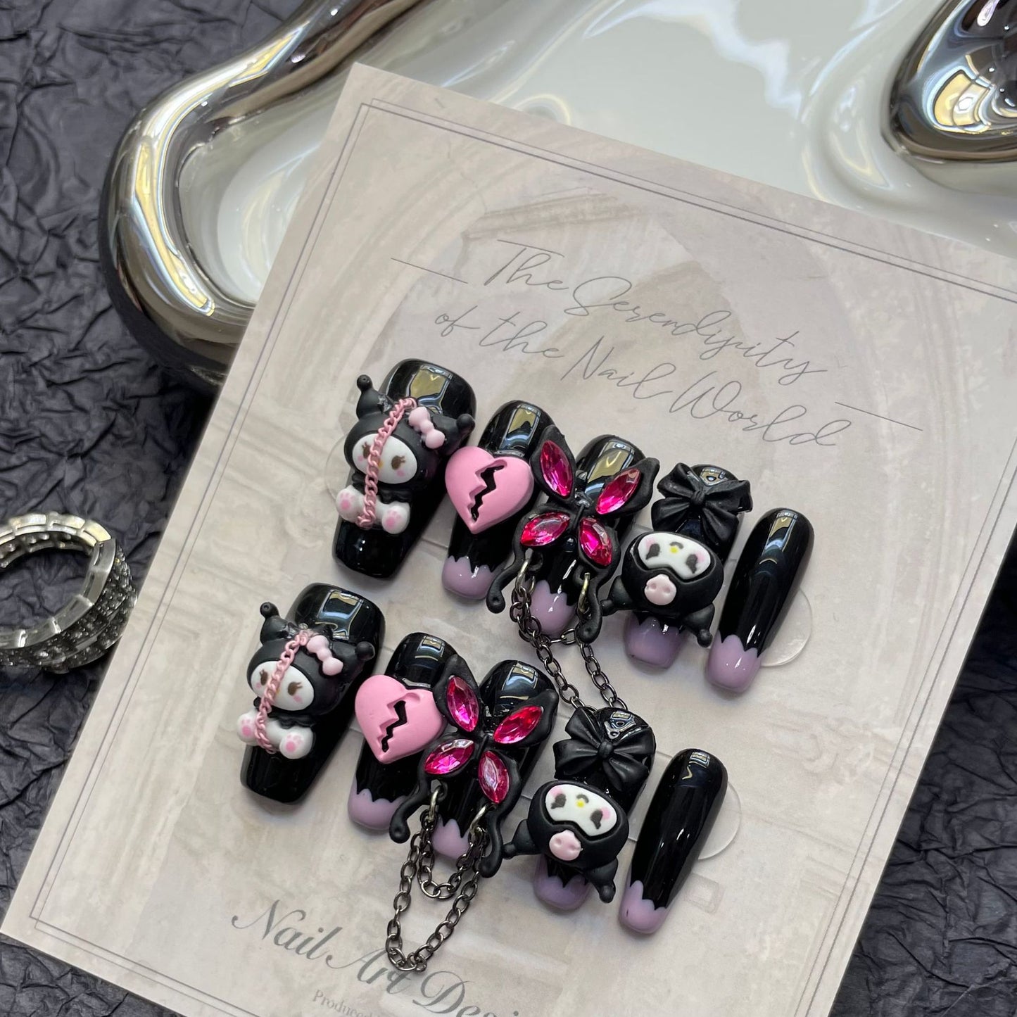 (reusable nail)Hand-worn nail nail patch nail patch smudged black powder Kuromi chain detachable manicure