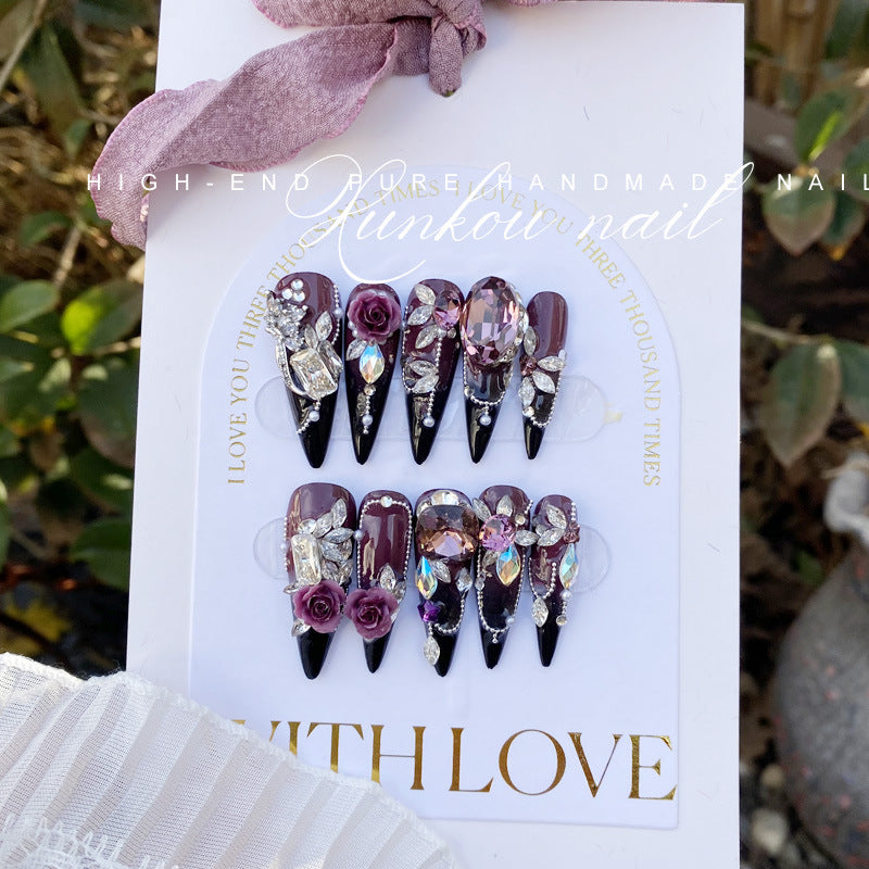 (Hand-Made Nail) Handmade Wear Nail Factory Straight Hair Huazi Purple Heavy Industry Gradient Butterfly Flower Advanced Blooming Manicure