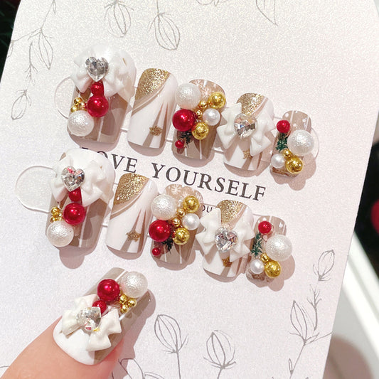 Fashion  nail New Handmade Wear Nail Christmas Manicure Christmas Bowknot Ball Wearable Patch Fake Nails U21