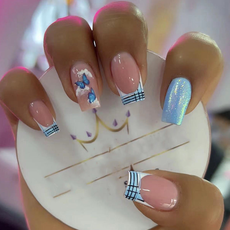 天蓝蝴蝶穿戴甲清新nails 法式跨境美甲片外贸假指甲长甲美甲贴片