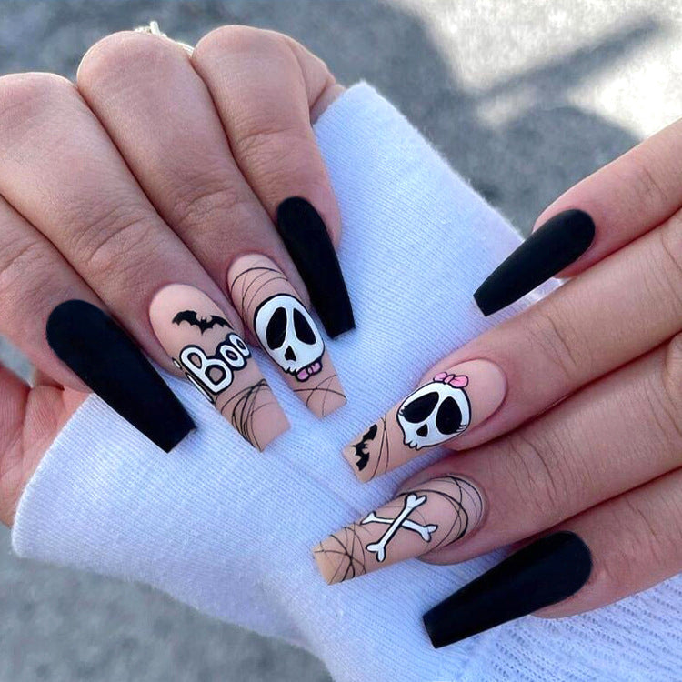 Fashion  nail Cross-Border Halloween Wear Armor Ghost Skull Pumpkin Bat Long 24 Pieces Fake Nail Patch Nail Sticker Wholesale