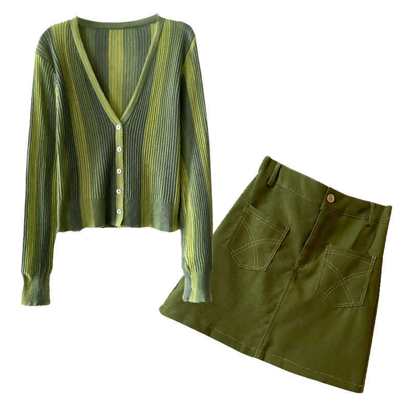 Dopamine dress Free shipping Tattoo Korean version of dopamine wear fashion temperament autumn new women's clothing knitted cardigan long sleeve green high waist short skirt tide