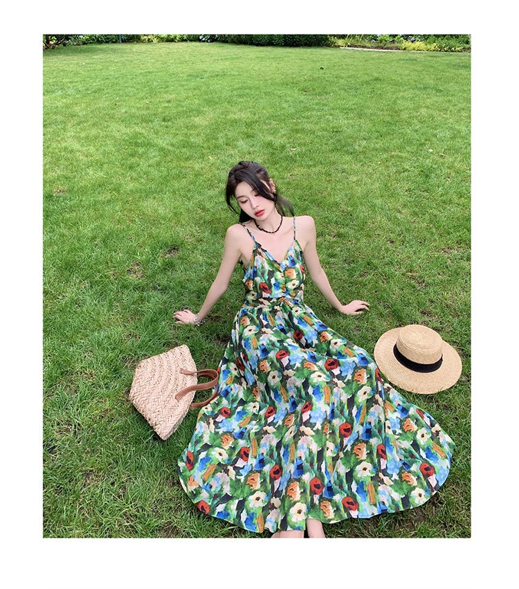 Fashion women's wear Bohemian Style Retro V-neck Oil Painting Printing Pleated Suspender Dress Seaside Vacation Elegant Beach Dress