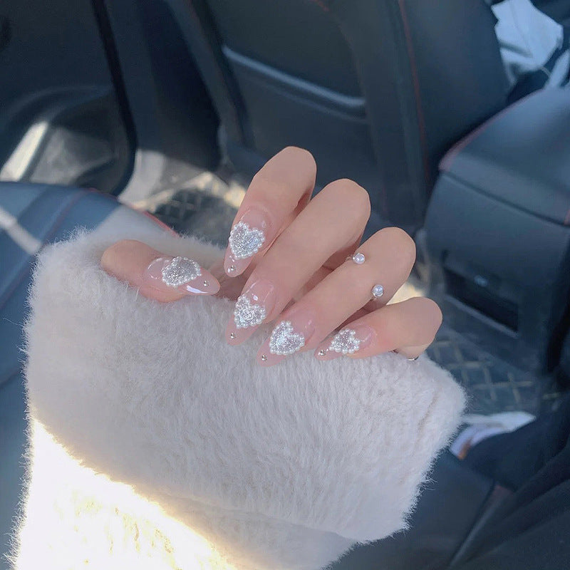 Fashion  nail Wearable Nail Nail Stickers Nail Patch Fake Nails Detachable Peach Heart Pearl Nail Tip Nail Sticker X2