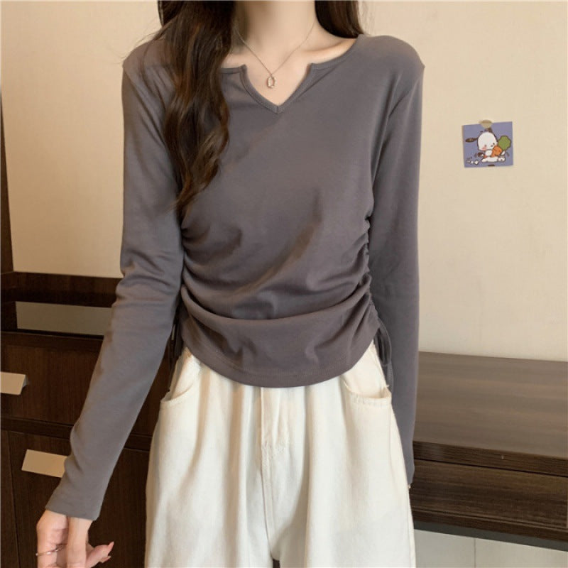 Dopamine tops Free shipping Tattoo V-neck drawstring niche slim long-sleeved T-shirt women's autumn slim-fit design chic short top with bottoming shirt