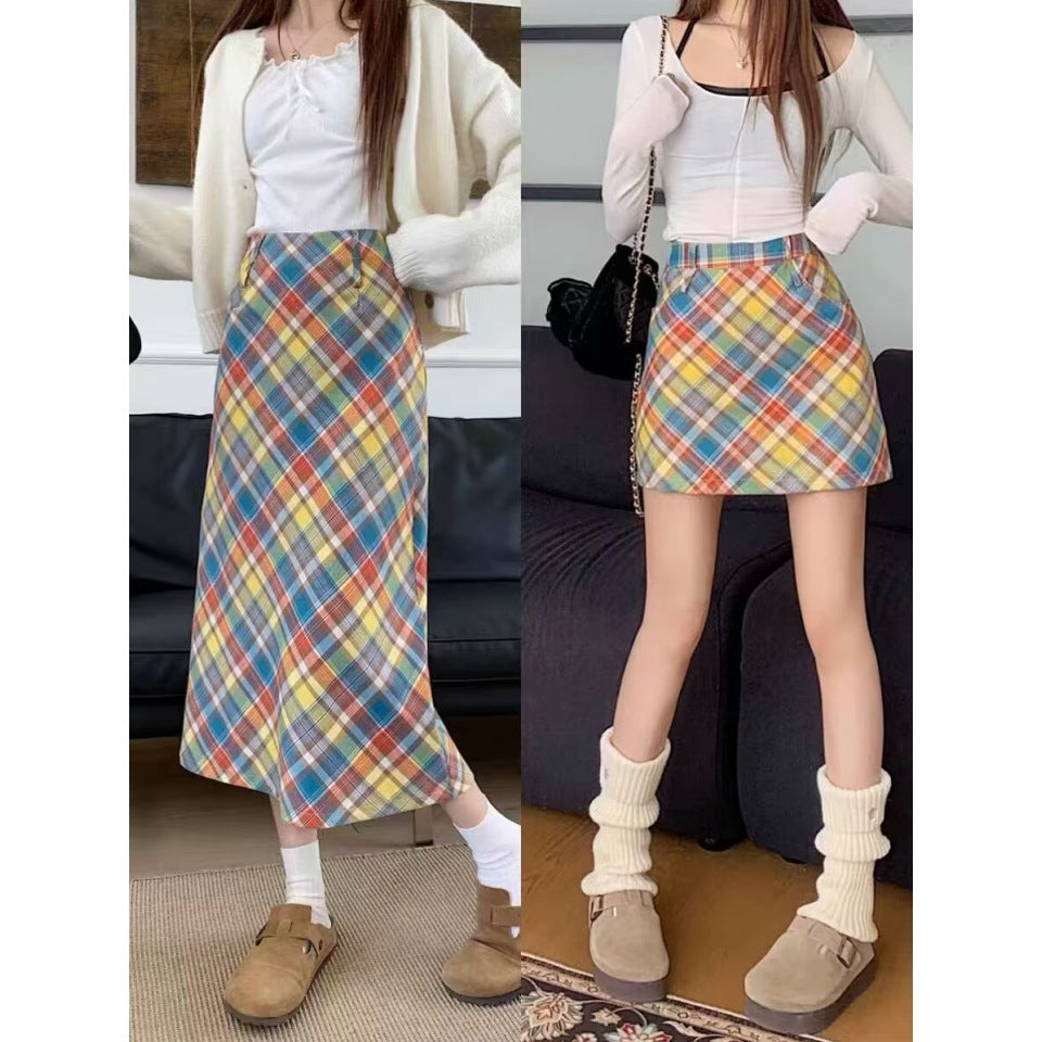 Dopamine dress Free shipping Tattoo Spring, autumn and winter American retro dopamine color skirt fat mm women's high waist and thin hip covering plaid hip wrap skirt