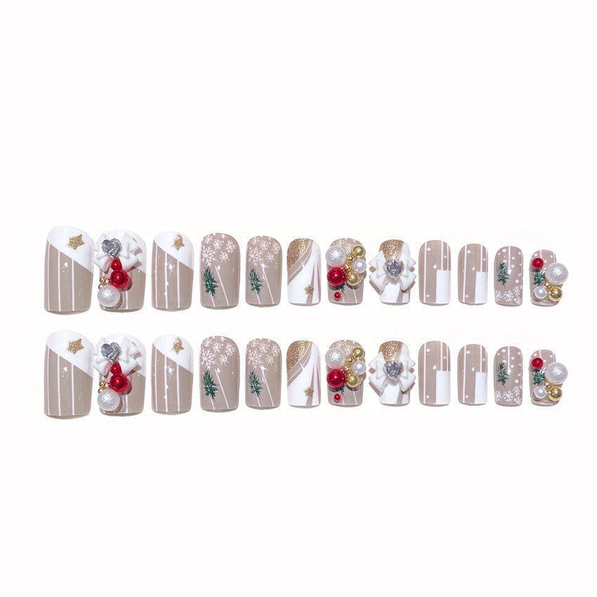 Fashion  nail New Handmade Wear Nail Christmas Manicure Christmas Bowknot Ball Wearable Patch Fake Nails U21