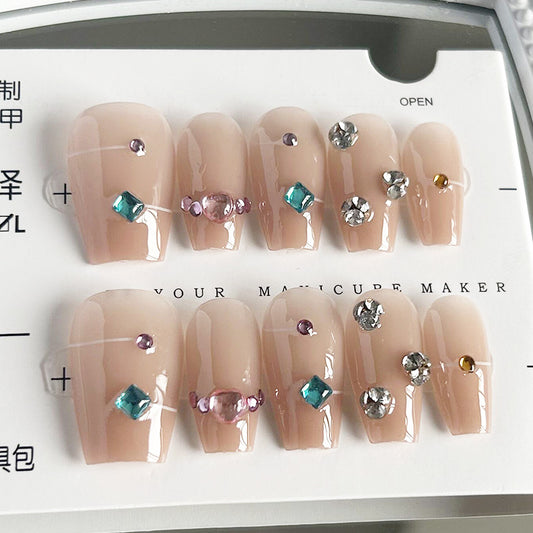 纯手工甲穿戴甲纯欲指甲贴片碎钻美甲片网红假指甲裸色美甲贴成品