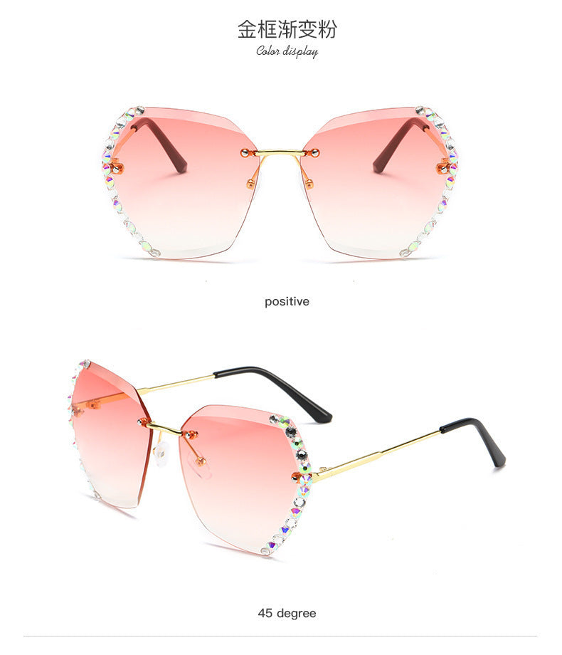 Women's fashion glasses 新款墨镜女韩版潮无框水晶切边太阳眼镜女士防紫外线镶钻太阳镜