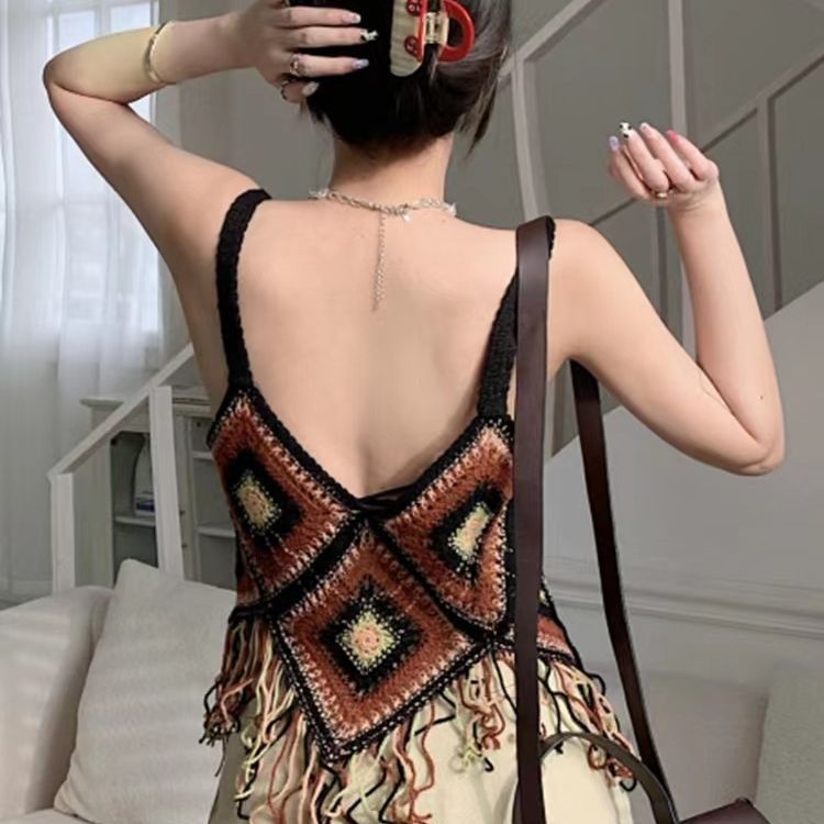 Dopamine tops Free shipping Tattoo Summer dopamine high-value fringed small suspender small fragrant versatile retro sweet hook-up hollow vest top