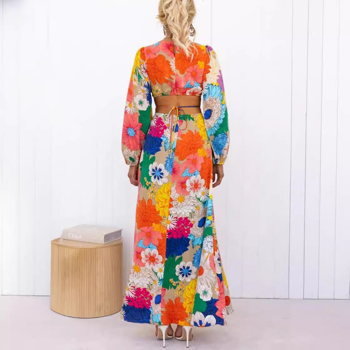 Free shipping Tattoo Europe, America, Amazon autumn new long-sleeved dopamine print lace-up waist holiday street fashion dress women