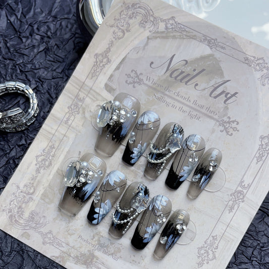 (Hand-Made Nail) Secret Black New Chinese Style Cool Feeling Stick-on Crystals Wear Armor New High-Grade Feeling Small White Fake Nail Patch
