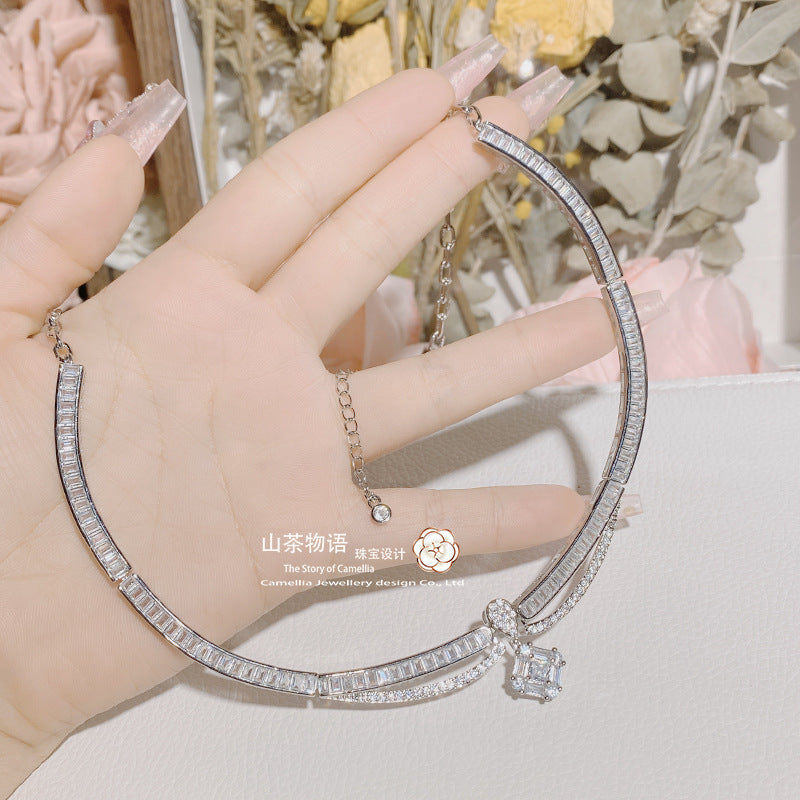 Camellia专柜同款重工轻奢T方钻项链璀璨满天星高碳钻颈链choker