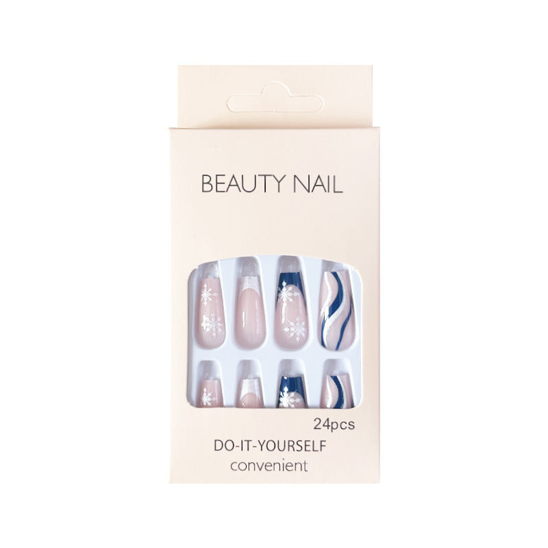 宝蓝雪花穿戴甲裸色nails 法式跨境美甲片外贸假指甲长甲美甲贴片