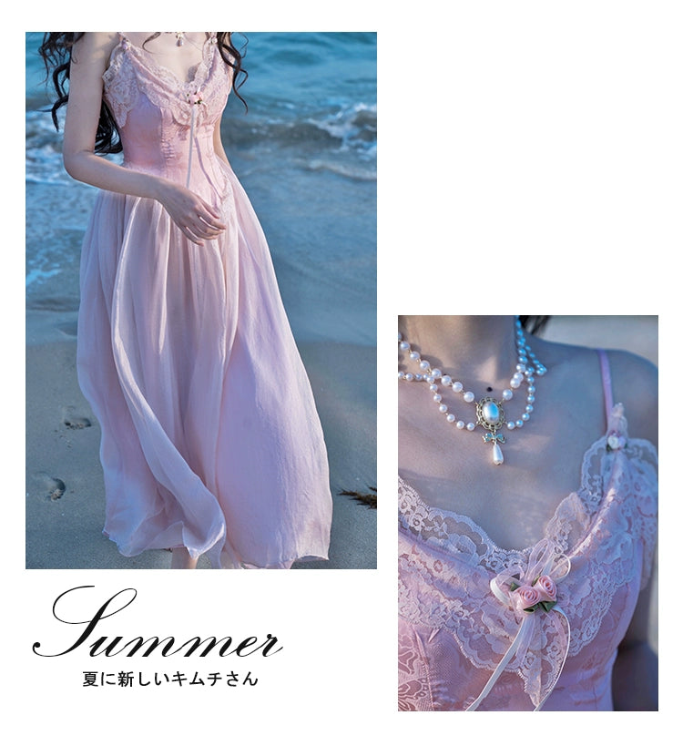 Fashion women's wear French Fried Street Tea Break Milk Sweet Escape Princess Dress Sweet Salt Pink Roses Pure Desire Beautiful Sling Dress