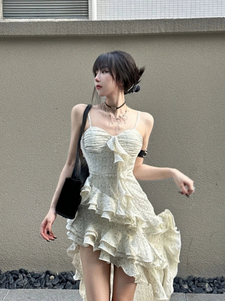 Fashion women's wear French Hot Girl Ruffled Spaghetti Straps Dress Women's Pure Desire Style Summer New Irregular High-Grade Temperament Long