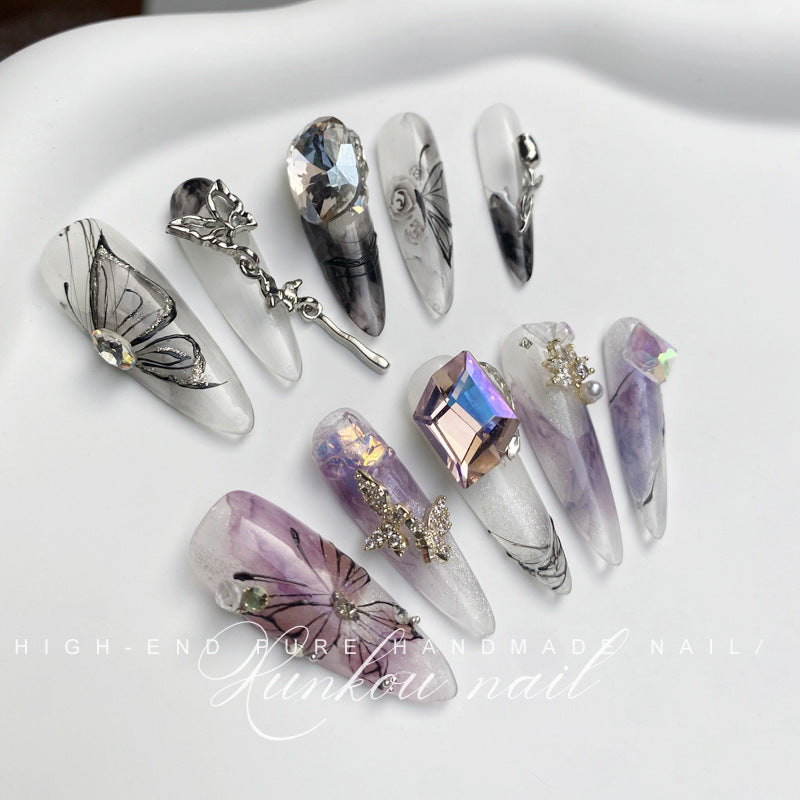 (Hand-Made Nail) Dark Retro Glitter Blue Hand-Painted Butterfly Black Cool Girl Dark Sweet Cool Baroque Hand-Worn Nail Finished Product