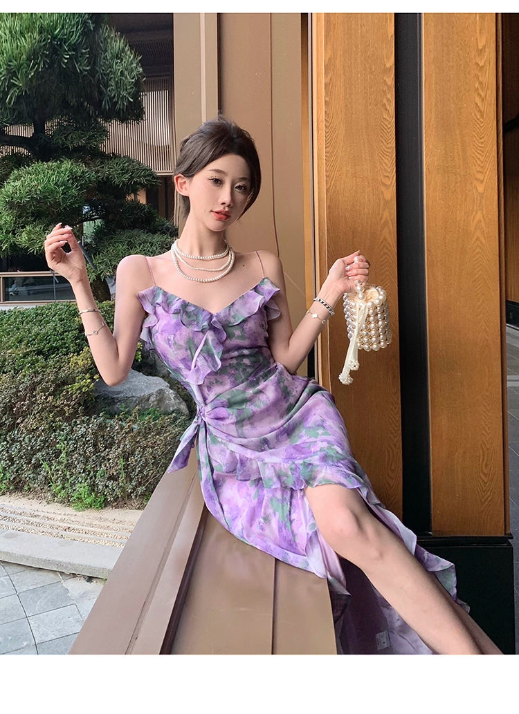 Fashion women's wear Purple Retro Irregular Yunnan Wear Travel Chiffon Floral Strap Dress Seaside Beach Skirt Summer