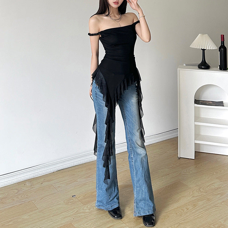 Free shipping  new women's clothing solid color slim-fitting street fashion one-word collar sleeveless halter top tops
