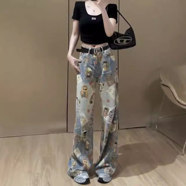 Free shipping Dopamine print ripped jeans women's   high waist loose and thin wide leg pants ins trend style pants