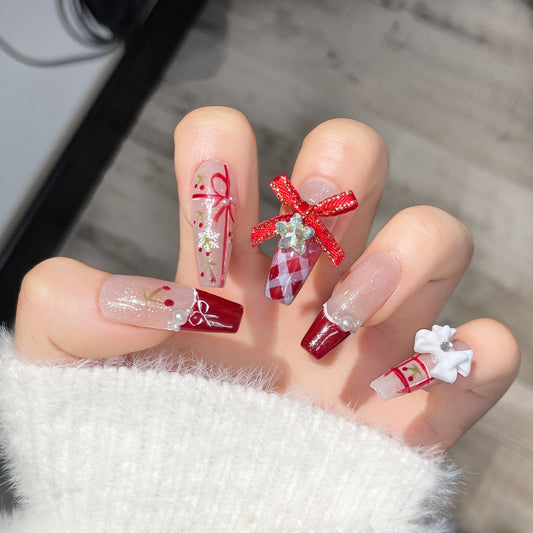(reusable nail)Hot selling handmade nail art New Year gift, new butterfly cherry plaid nail art, wearing nail, handmade nail art, long style