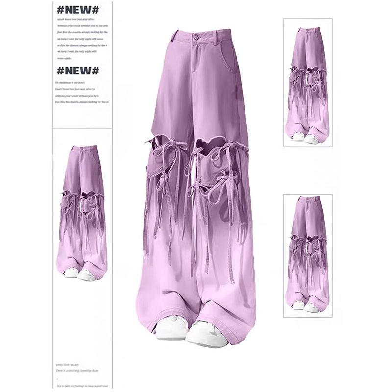 Free shipping   Dopamine wears purple ripped jeans for women's fat large size niche design sense loose and thin wide-leg pants