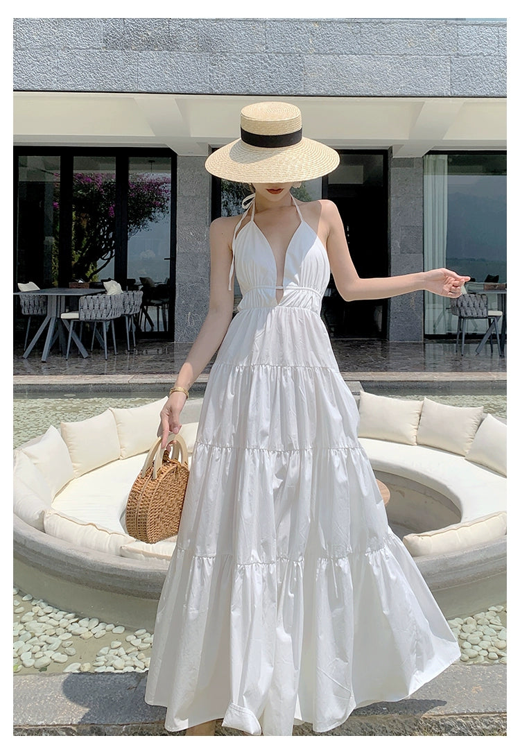 Fashion women's wear Yunnan Travel Photography Fairy Dress Orange Deep V-neck Backless Sling Dress Sanya Seaside Beach Skirt Female