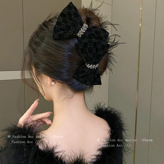 镶钻蝴蝶结羽毛发夹秋冬款个性百搭抓夹小众时尚鲨鱼夹发饰批发女
