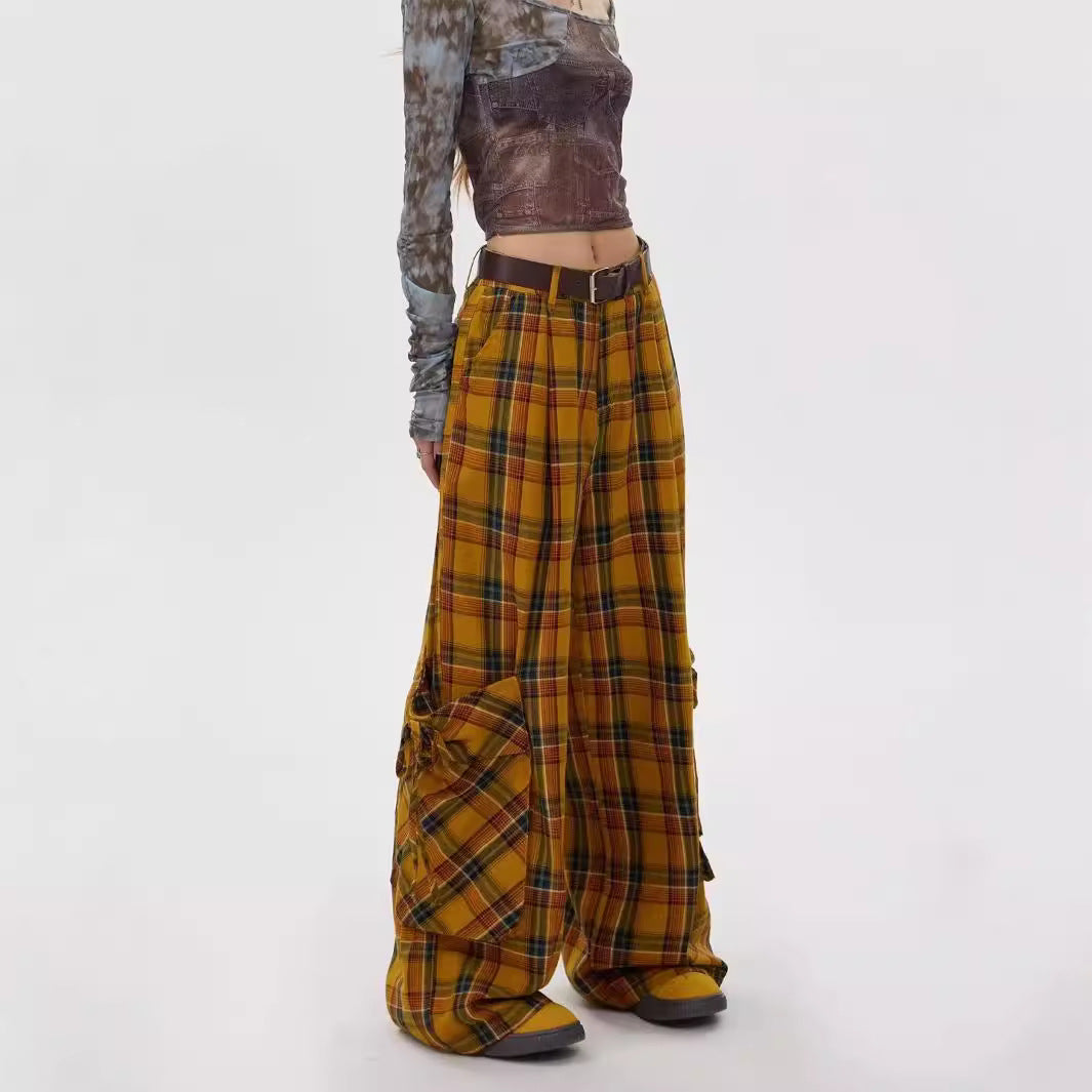 Free shipping retro dopamine plaid yellow pants women's loose bf lazy style thin pear figure casual trousers pants