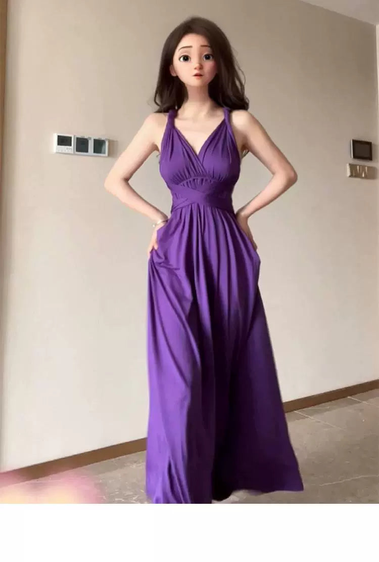 Fashion women's wear Purple Strap Dress Texture High-Grade Waist Slimming Adult Lady like Woman Beautiful Luxurious Style French Long Skirt Summer