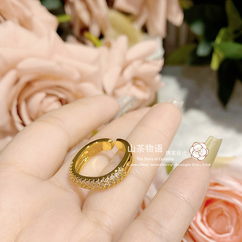 山茶日韩新款黄金色三排镶满钻ins风百搭叠戴戒指 精致小巧冷淡风