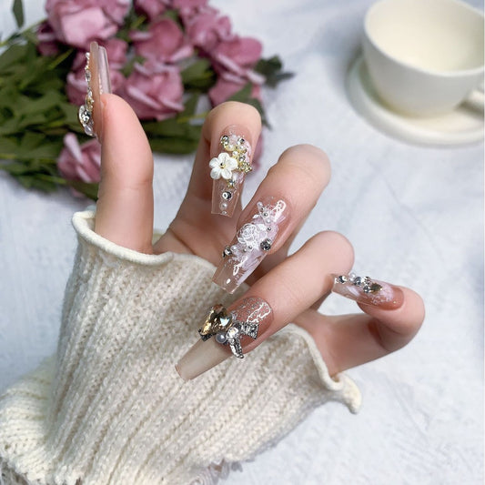 (Hand-Made Nail) Heavy Industry Handmade Wear Nail Maillard Light Luxury Bow Pile Rhinestone Flash Autumn and Winter Nail Wear Nail Sticker