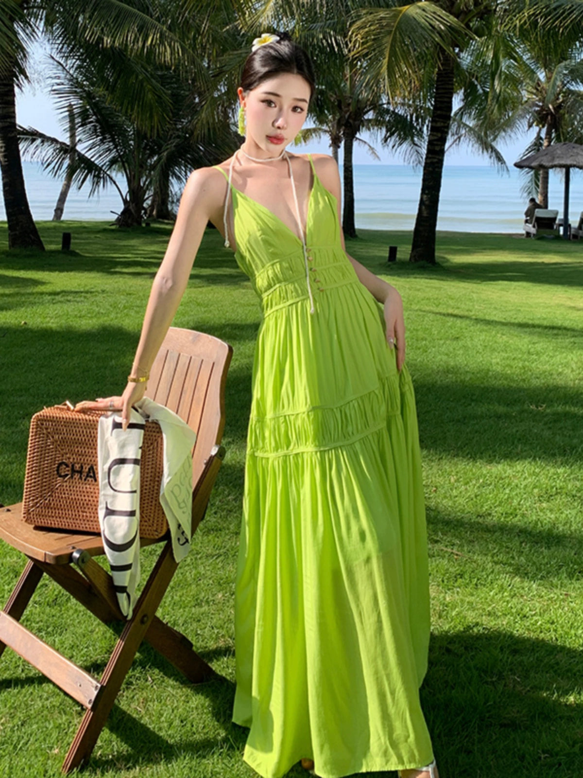 Fashion women's wear Summer Dopamine Seaside Vacation Deep V Dress Green Suspenders Ankle-Length Dress Sanya Slimming Beach Skirt Female