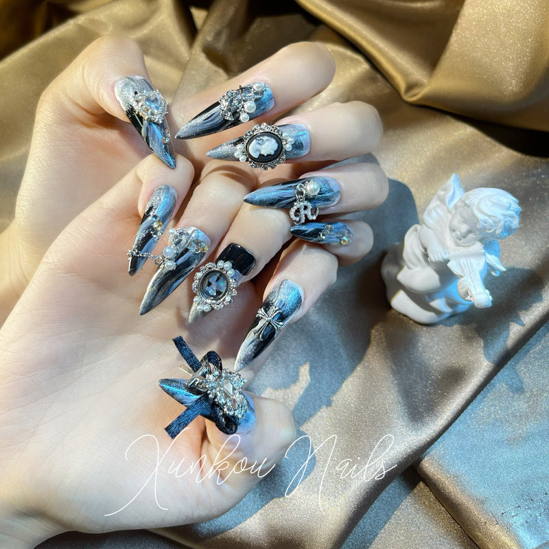 Hand-Made Nail Factory Straight Hair High-End Heavy Industry Dark Black National Style Lolita Long Nail Handmade Manicure