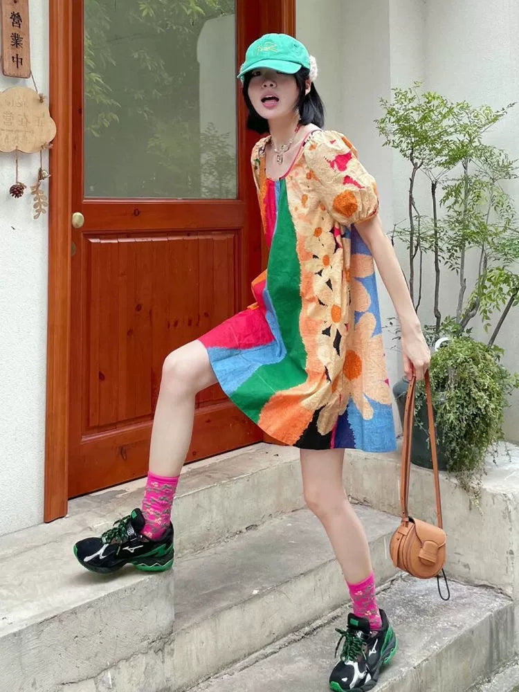 Dopamine dress Free shipping Tattoo Large Size Women's French Rainbow Stripe Dress Summer Fat MM Loose 150kg Skinny Dopamine Doll Dress