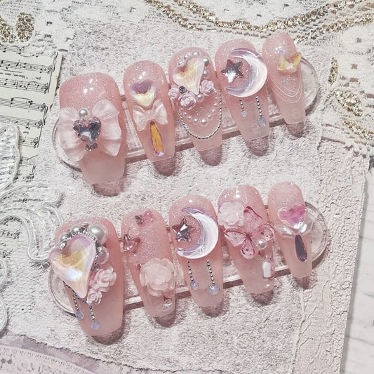 (Hand-Made Nail) Pure Desire Clear Feeling Gentle Fairy Girl Pile Rhinestone Nail Stickers Fake Nail Patch Wear Nail Tip Finished Product Detachable