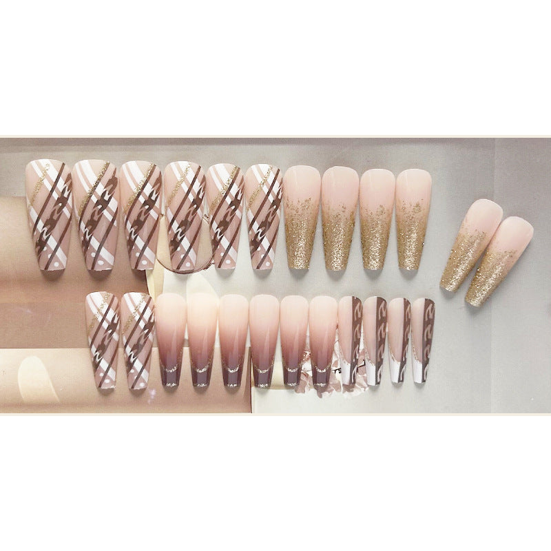格纹渐变穿戴甲渐变nails 跨境美甲片外贸假指甲长梯甲型美甲贴片