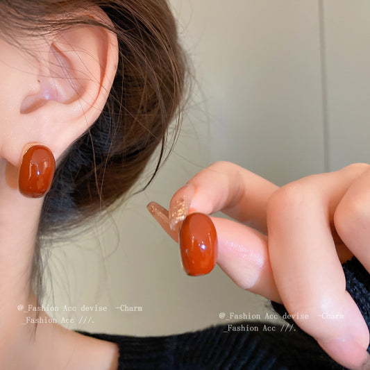 银针滴釉红色椭圆几何耳钉法式高级感耳环女简约百搭复古耳饰批发
