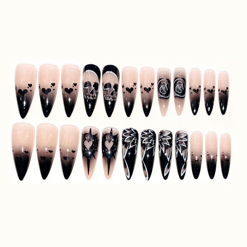 Fashion  nail Halloween Skull Night Rose Fake Nail Patch Dark Punk Fashion Manicure Wear Nail Tip Finished Product B68